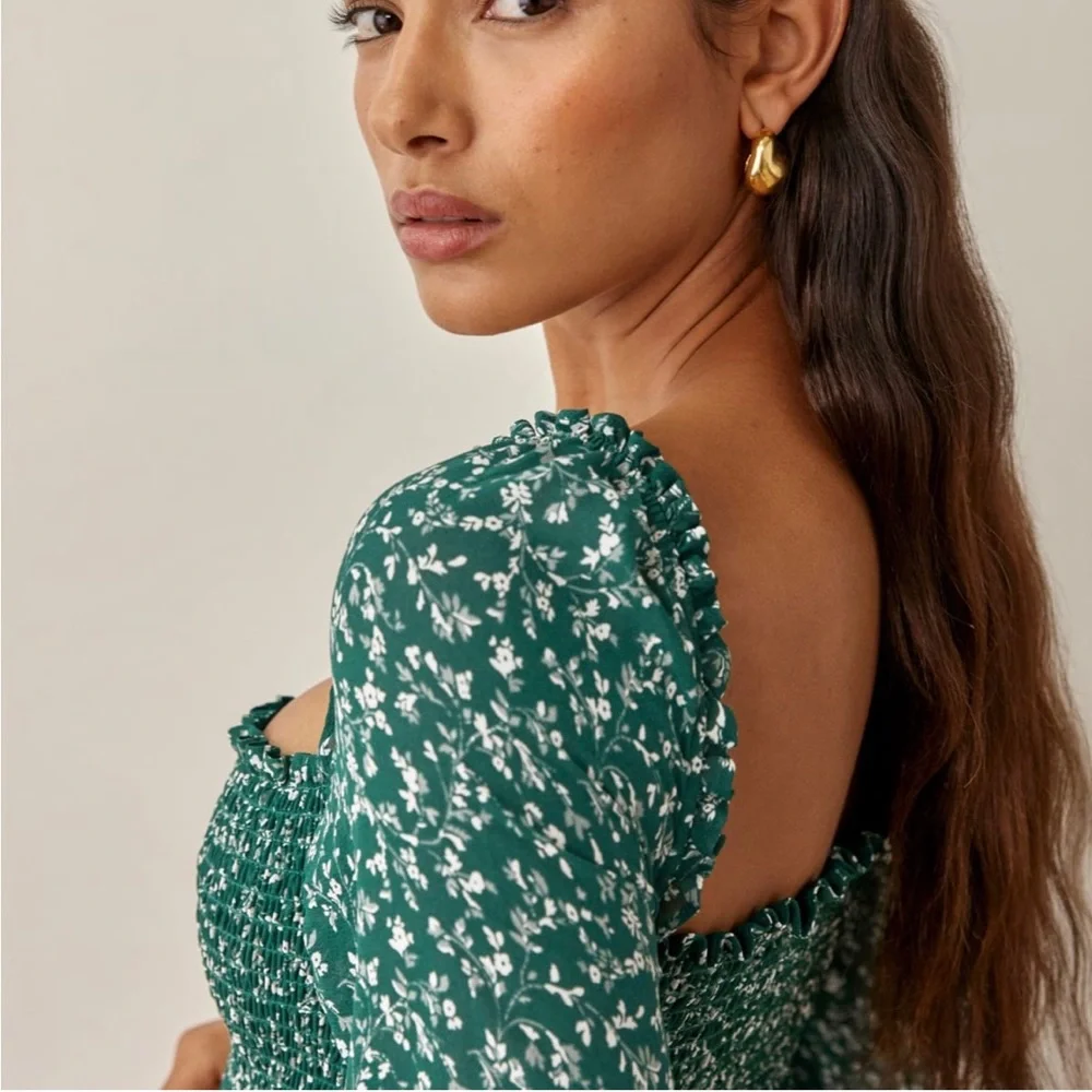 Reformation Green Floral Smocked Square-Neck Blouse